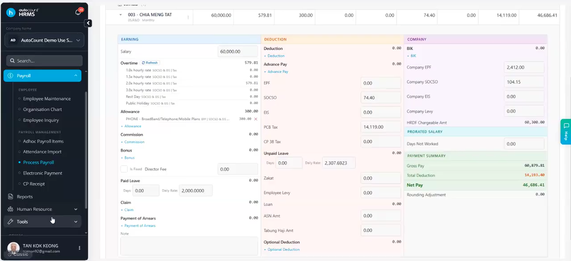 Payroll process result with colors